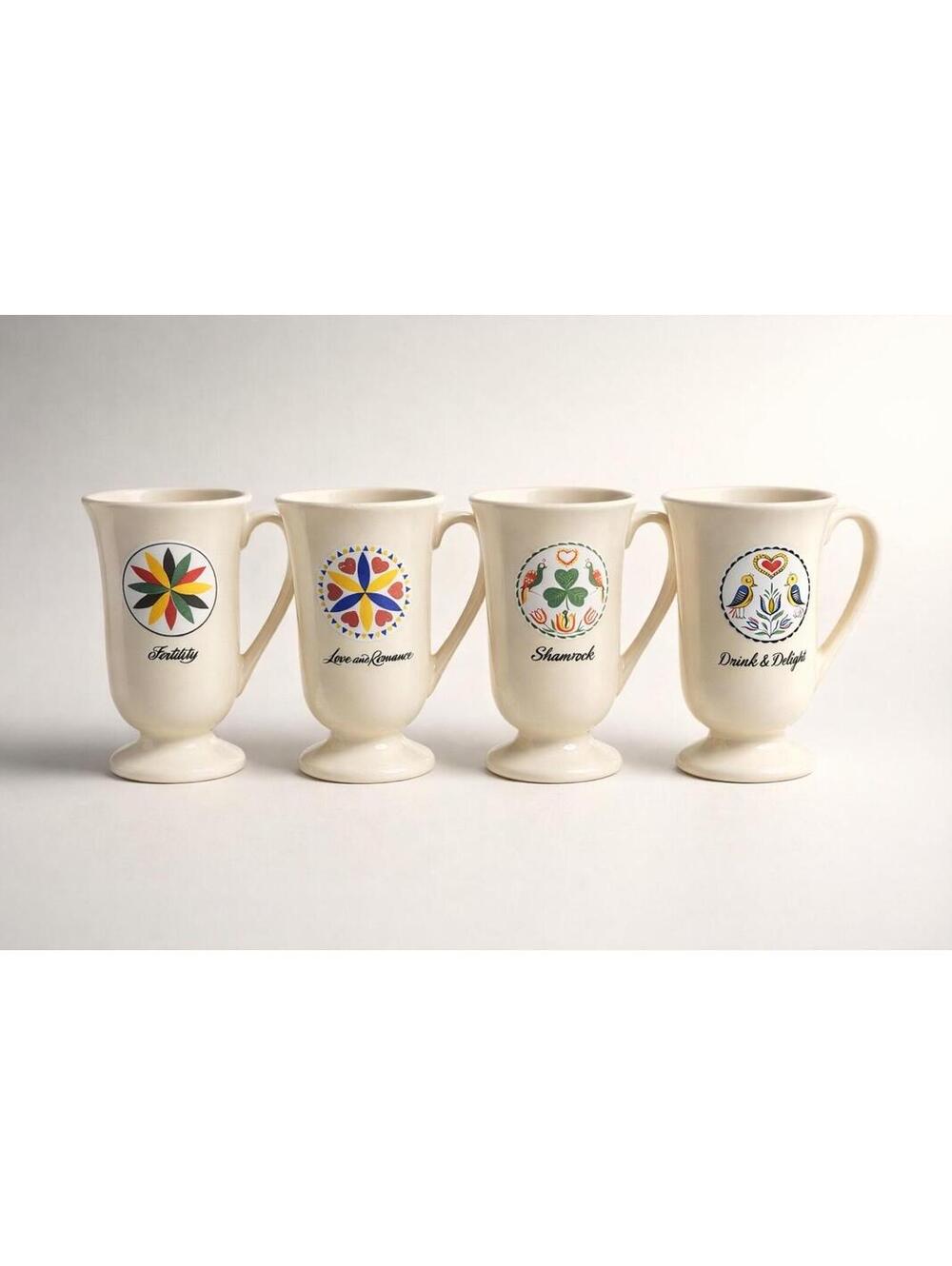 Vintage Ceramic Mugs, Folk Art Designs, Rustic Coffee Cups, Hand Painted Style